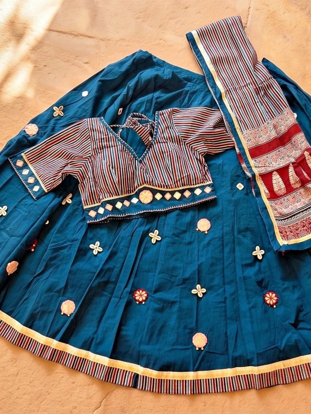 Embroidered Chaniya choli in Blue & Red Like New